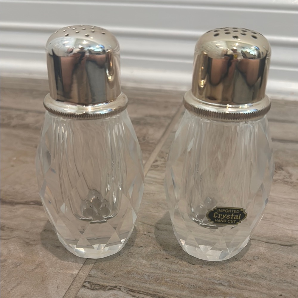 Vtg. Crystal Heavy Salt & Pepper Shakers, Diamond faceted Post House